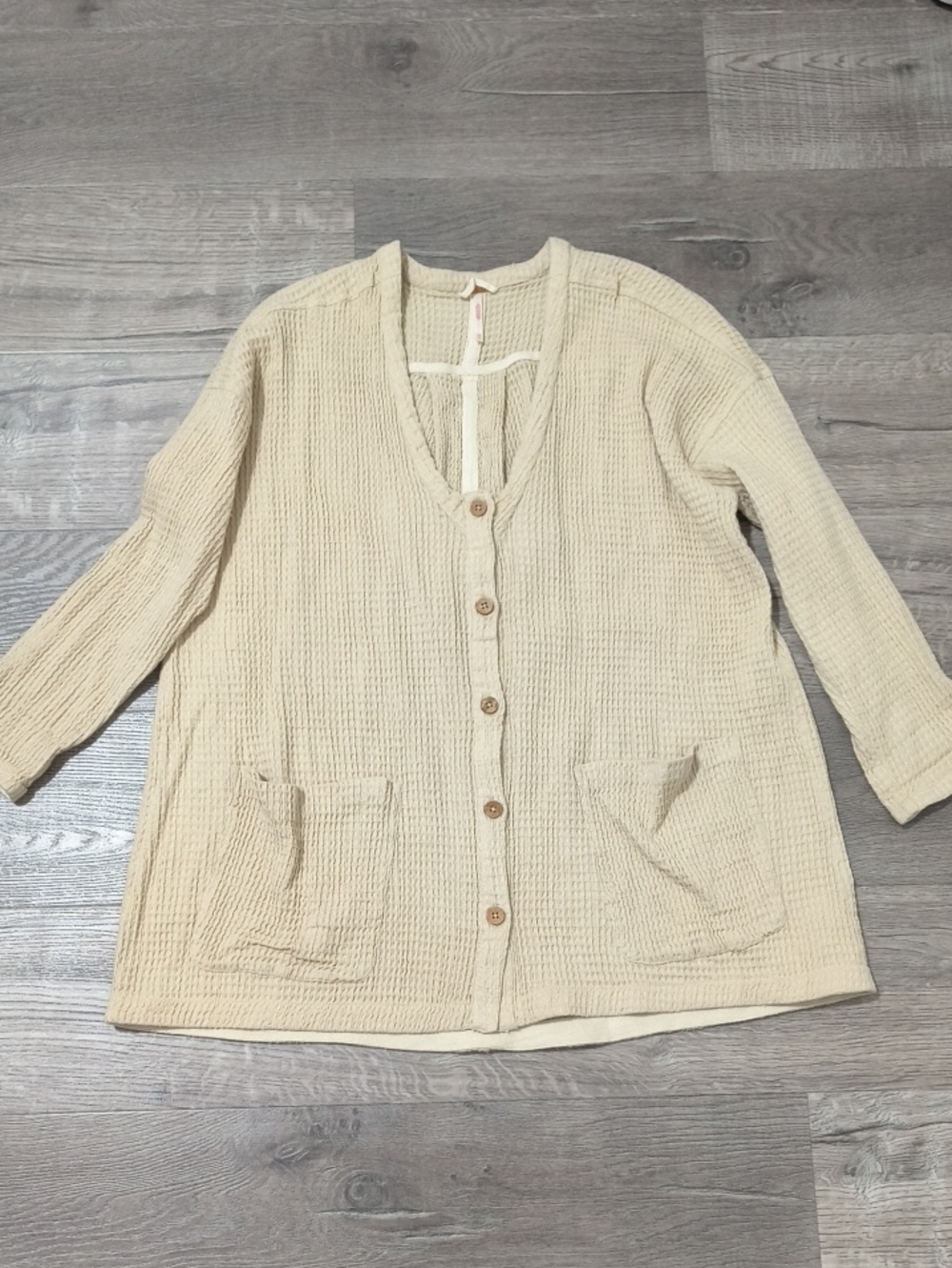Free People Cream Button-Front Waffle Cardigan